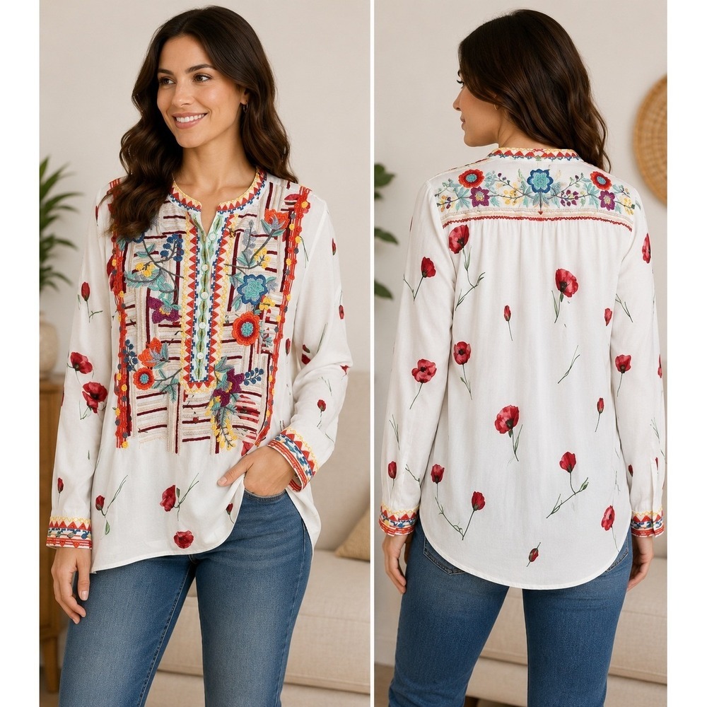 Johnny Was Biya Tunic Embroidered Floral Poppy Silk Top White Large